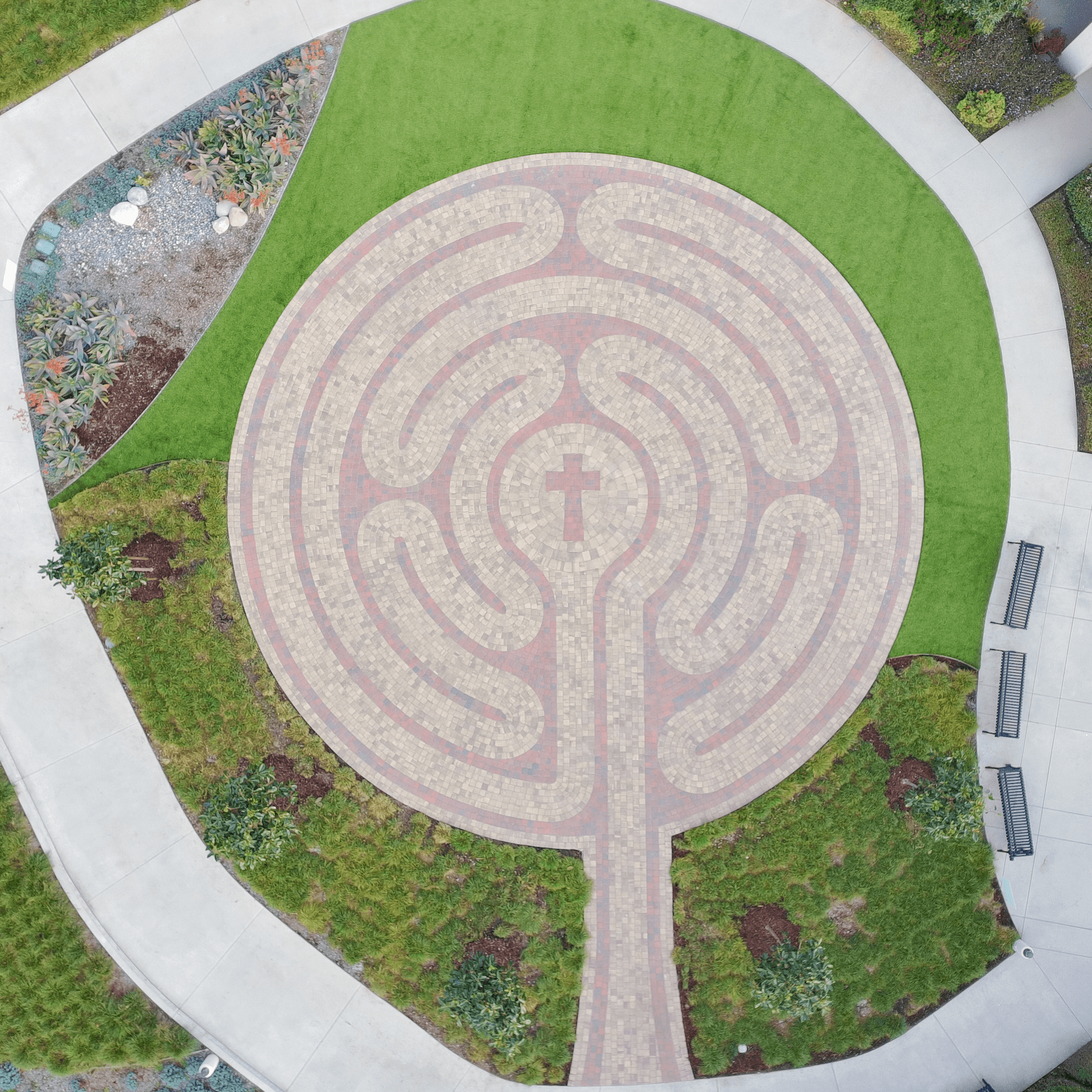 Completed hardscape and labyrinth courtyard at Del Obispo St, San Juan Capistrano CA